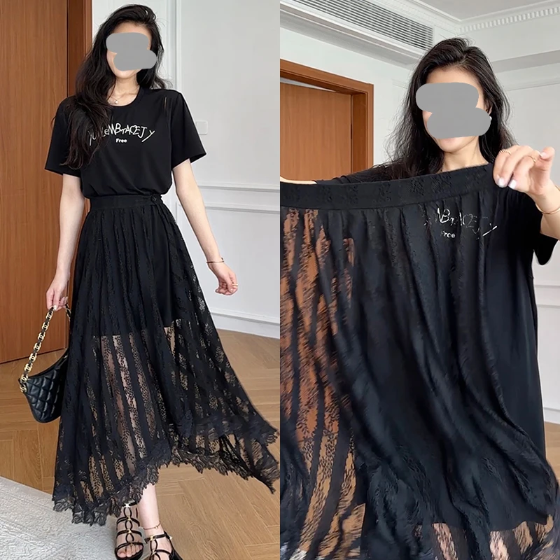 黑色连衣裙蕾丝裙叠穿套装2025夏季新款高级感半身裙超火一整套女