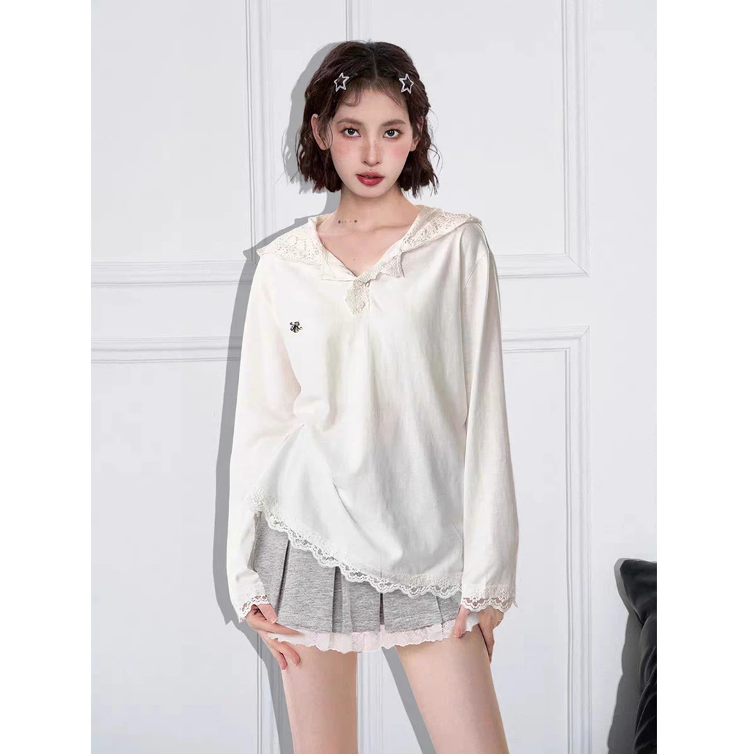 白色连帽蕾丝长袖防晒罩衫上衣女春夏季薄款宽松内搭正肩t恤