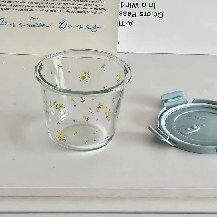 小碎花保鲜盒汤碗带盖上班族保温便携式微波炉加热玻璃碗密封盒JY