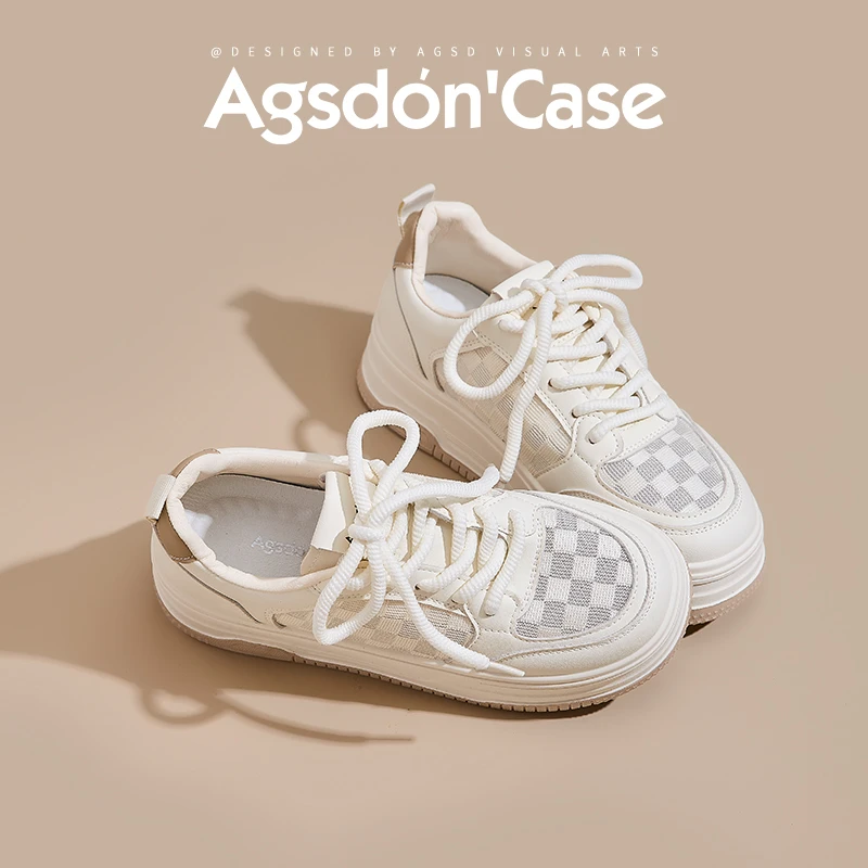 奥古狮登网面小白鞋女2025新款夏透气薄款板鞋厚底增高休闲运动CC