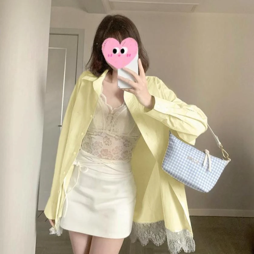 【工厂现货】【冰岛慕斯】蕾丝下摆蓝色衬衫女显瘦衬衣+蕾丝内搭美背