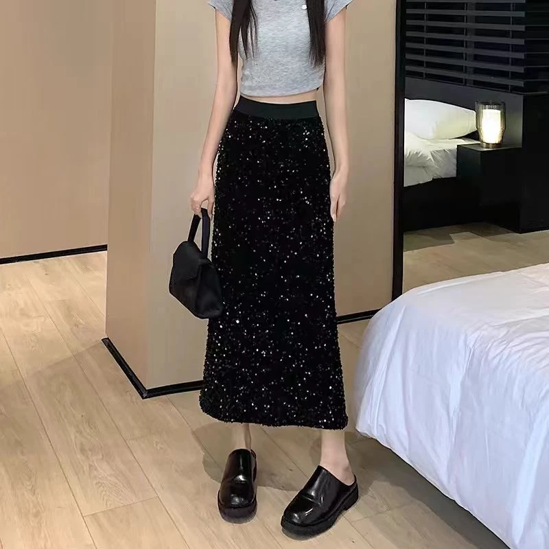 衣然美家 中长款开叉闪闪亮片高腰包臀裙半身裙秋冬新款法式复古