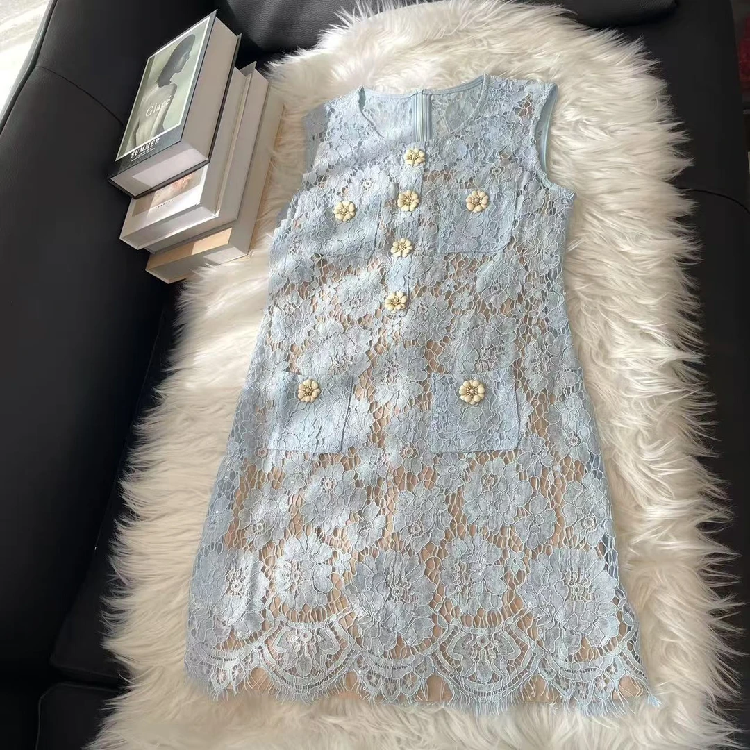 馨儿专属【琉璃冰花】法式小香风蓝色蕾丝花朵无袖短款连衣裙XY79