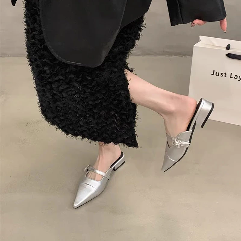 2025年春季新款粗跟包头半拖鞋外穿女鞋一脚蹬尖头玛丽珍银色单鞋