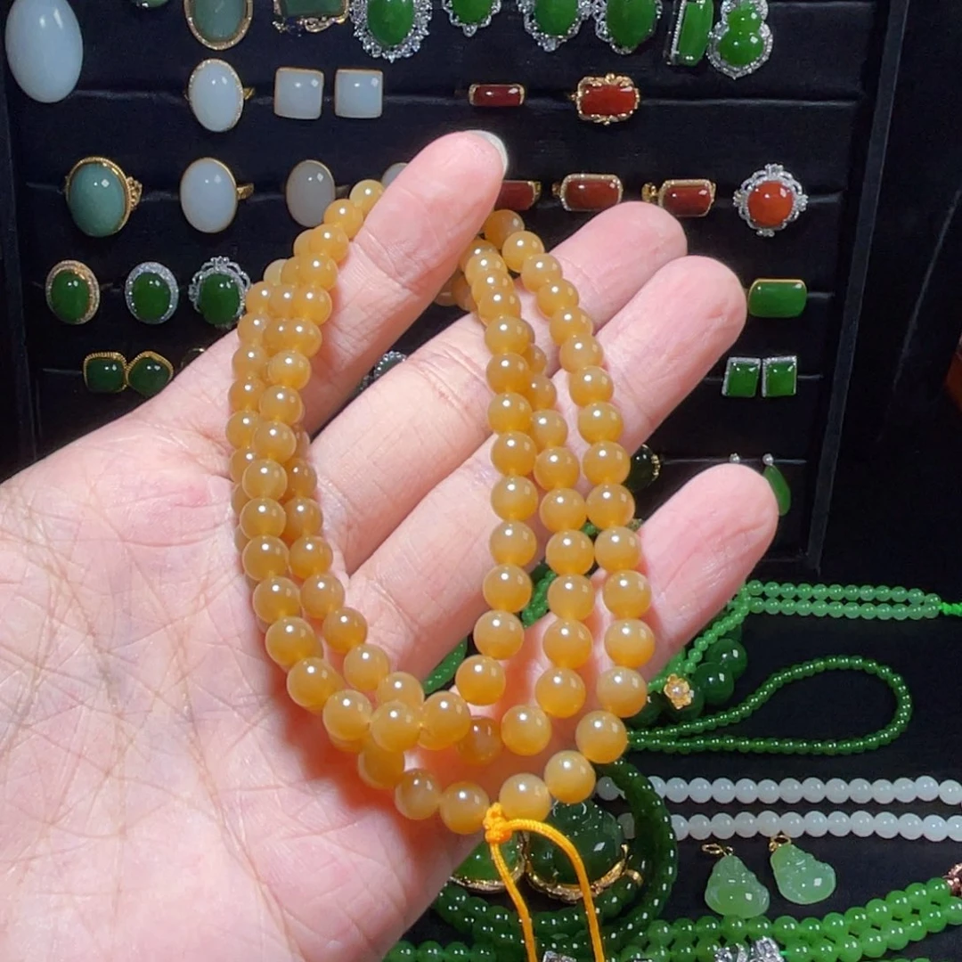 和田玉未镶嵌颈饰且末黄金糖108卡6项链