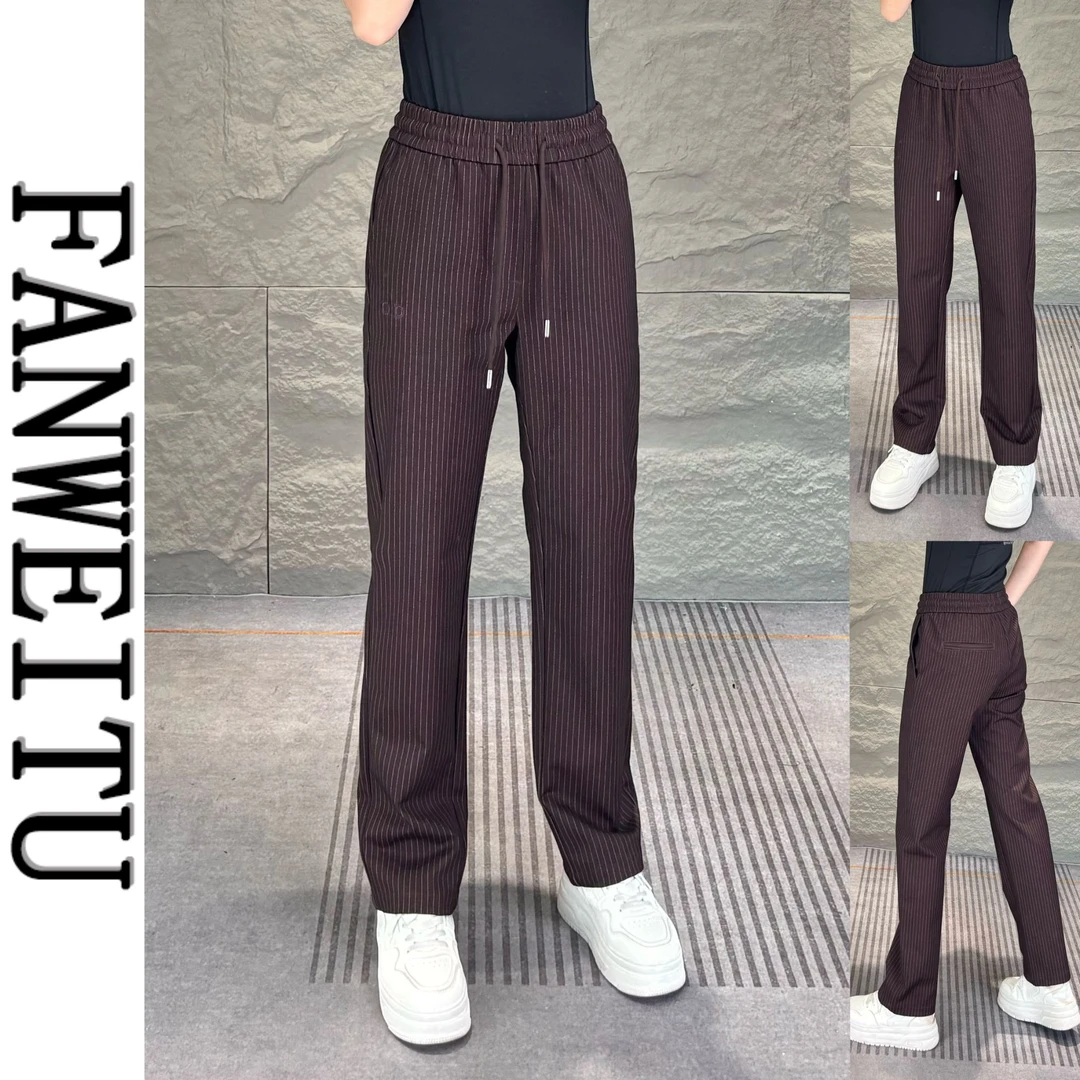 2025秋季新款男士定制竖条纹咖色直筒休闲裤简约百搭直筒长裤6919