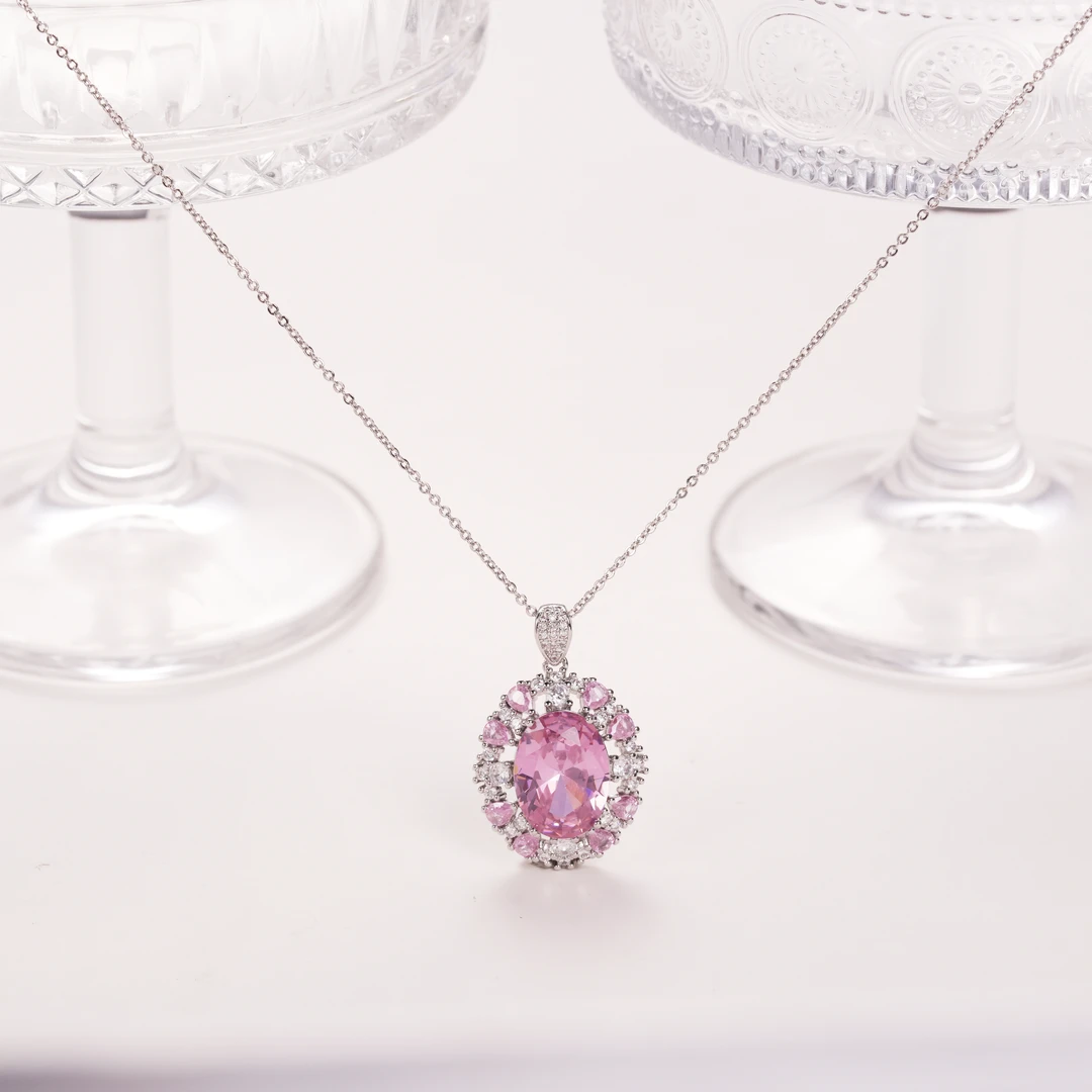 铜合金合成锆石项链 铜合金合成立方氧化锆百搭时尚粉色项链-7179