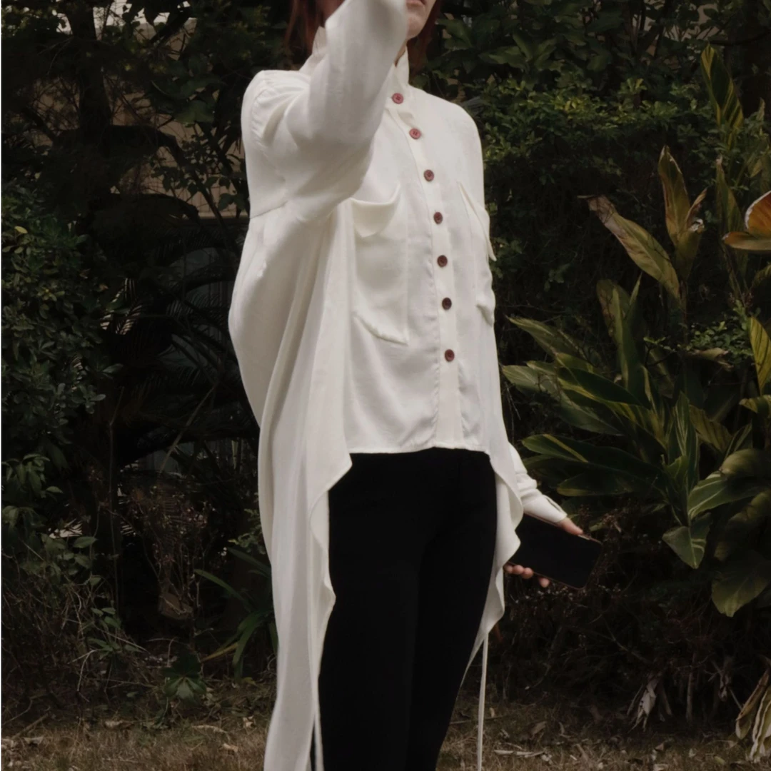 ZHIDAN WANG原创中式提花铜氨丝荡背宽松白衬衫设计师款