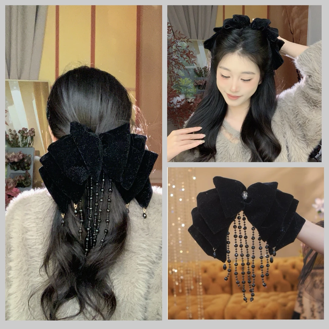 【啵啵】【一帘幽梦】弹簧夹云朵流苏秋冬手工轻奢时尚黑色复古发夹