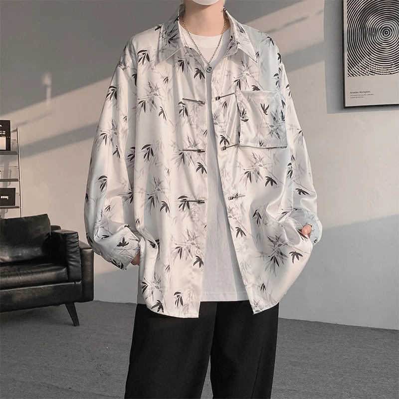 夏季痞帅休闲中国风水墨竹衬衫男感汉元素新中式男装外套大码汉服