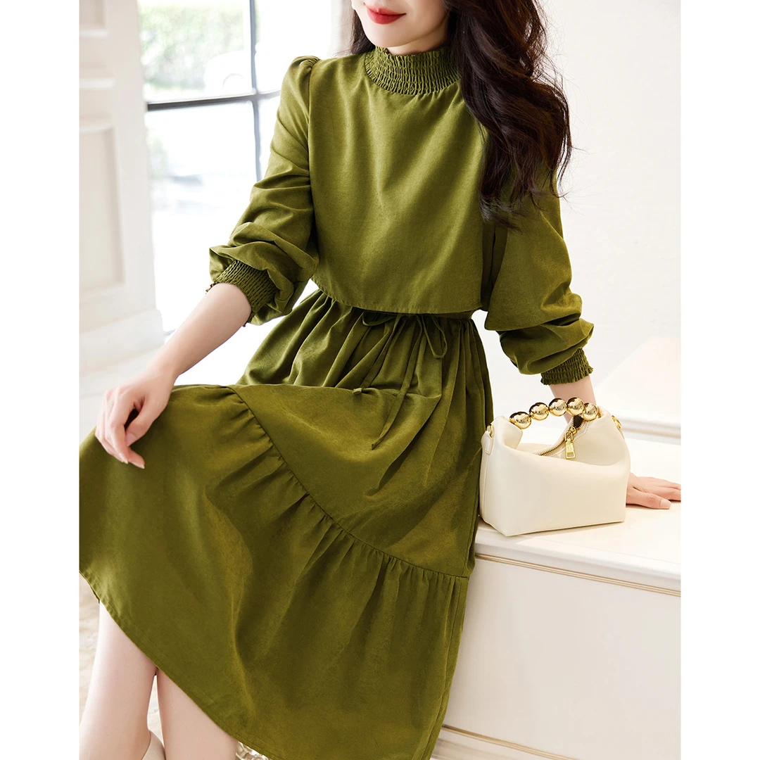 德玛纳清仓假两件斗篷式松紧立领连衣裙