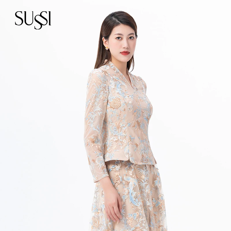 SUSSI/古色25春商场服装同款网纱刺绣宫廷风收腰百搭上衣女
