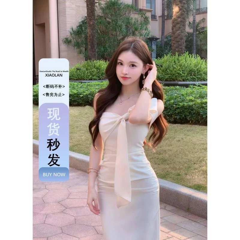 小岚同学「雨中巴黎」「原创」小众夏季性感气质修身露肩显瘦连衣裙