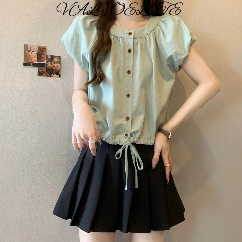 法式漂亮泡泡短袖衬衫女夏季潮流胖mm短款收腰小衫抽绳设计感上衣