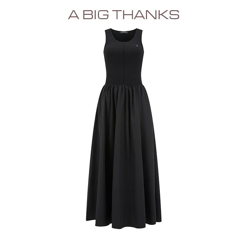 ABIGTHANKS收腰拼接连衣裙无袖圆领百褶裙子女ABT2022290显瘦轻奢