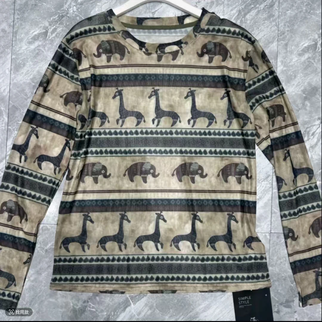 圆领长袖常规款时尚防晒条纹复古大象防晒纱T恤