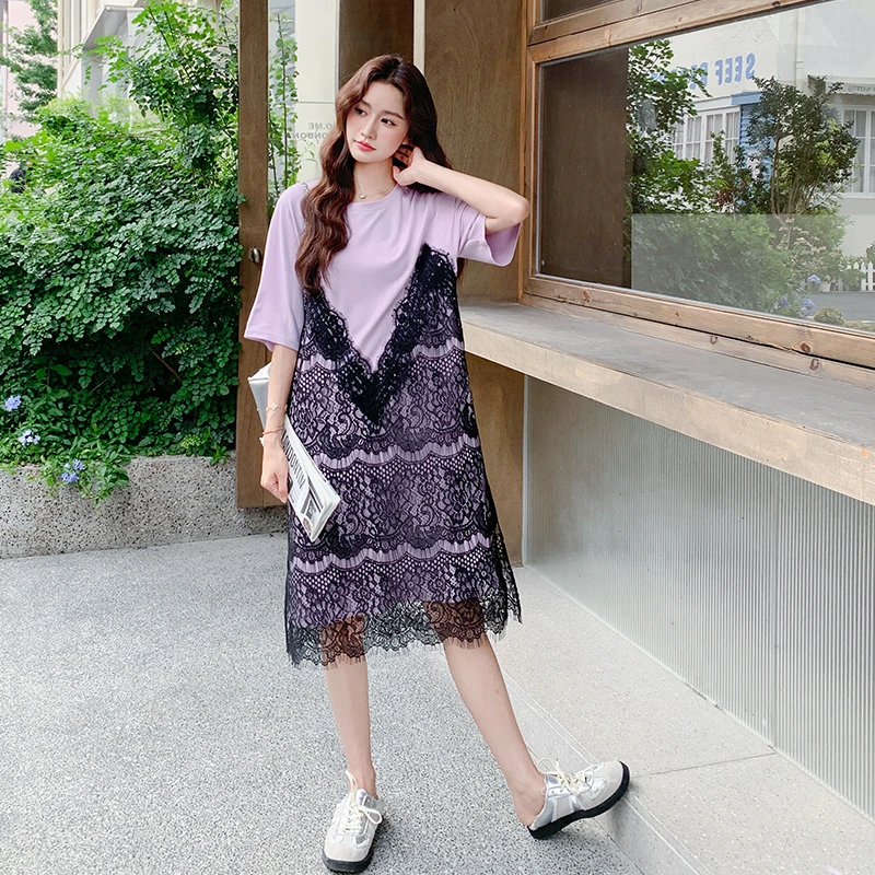 超好看减龄显瘦连衣裙女2025夏新款法式紫色假两件蕾丝拼接T恤裙