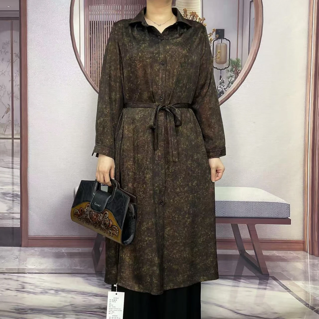 W58035宽松显瘦翻领扎染腰带风衣