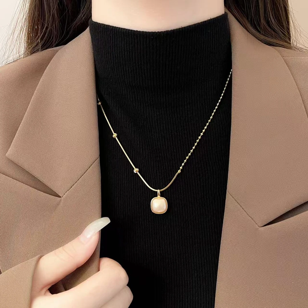 铜合金吊坠 香槟方糖方形吊坠项链女秋冬气质优雅圆珠耳饰