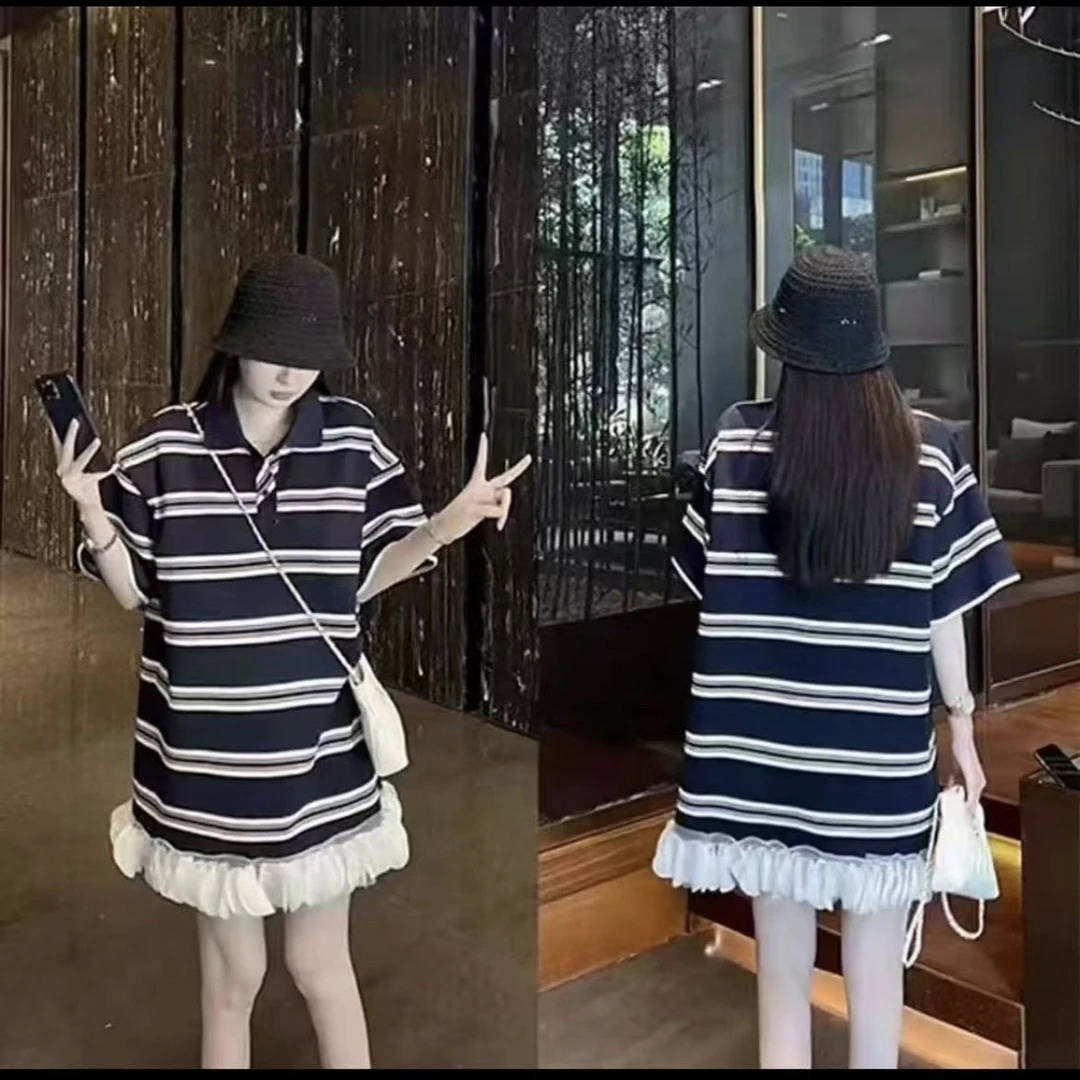 782爆款蓝条纹裙子休闲连衣裙短袖2025polo新款夏季宽松显瘦筒裙