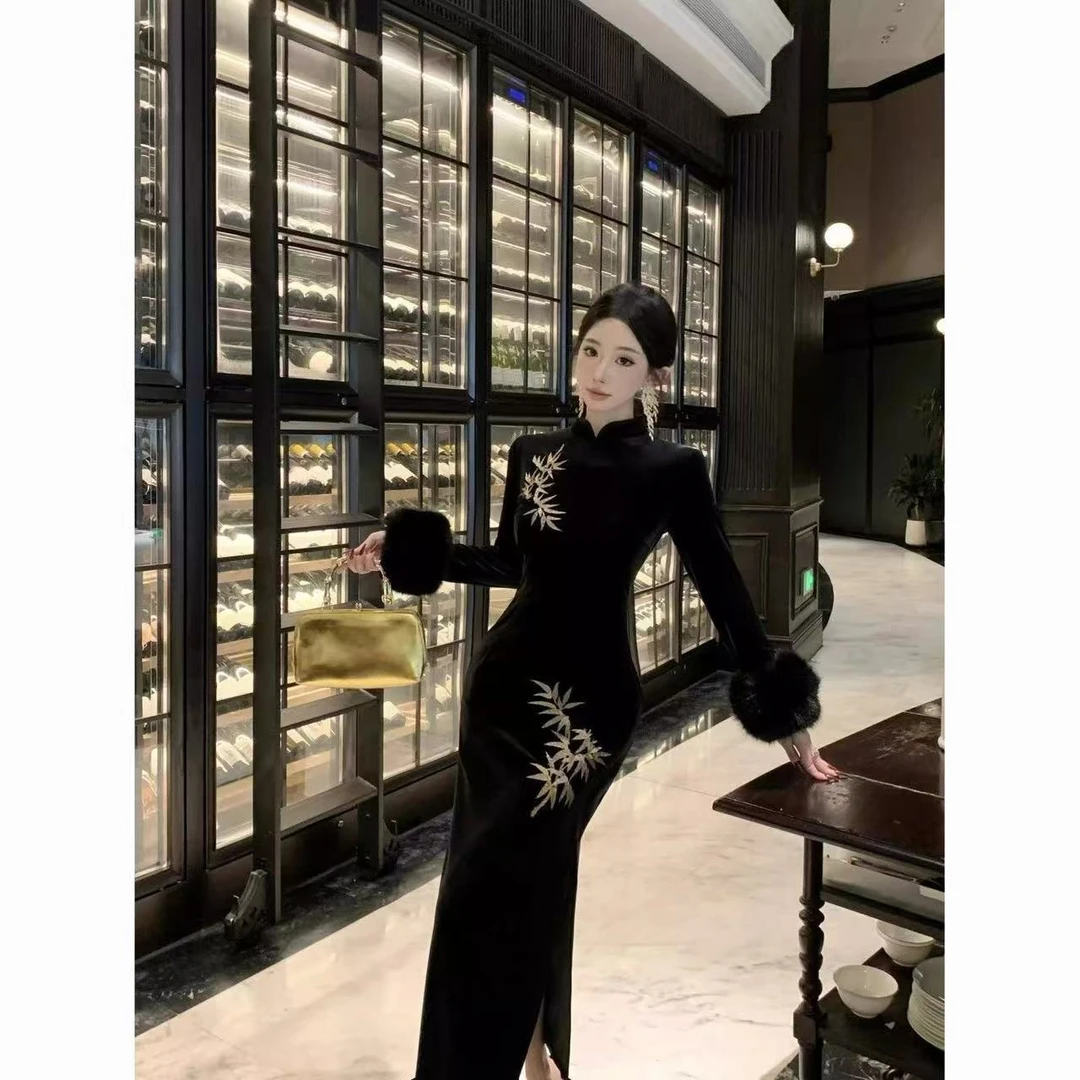 画报夫人原创自制新中式高级定位刺绣丝绒旗袍 长袖金竹