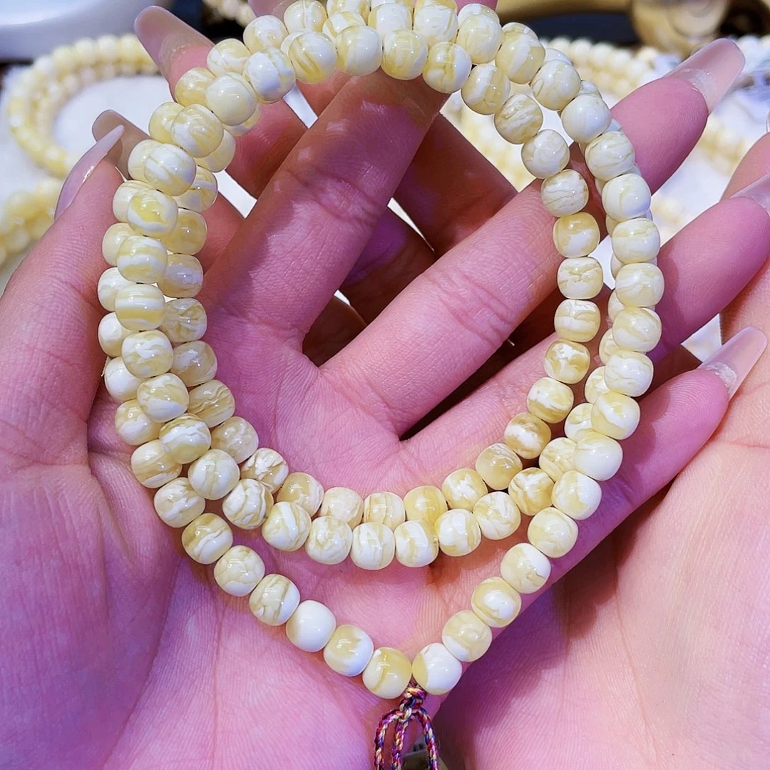 蜜蜡未镶嵌手串7mm 金瓷白虎皮顺纹 108