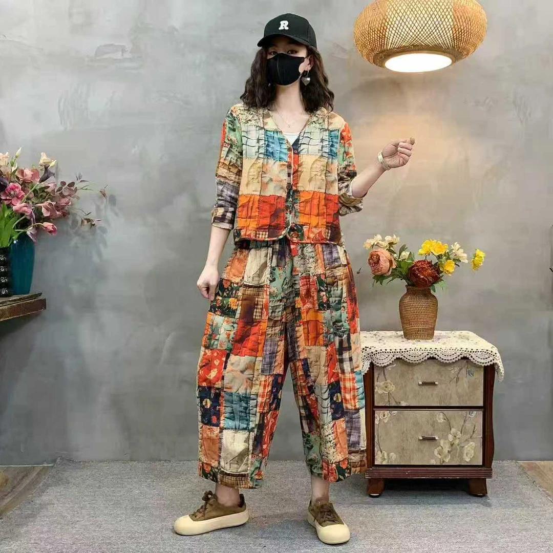民族风时尚套装女士新中式休闲长袖衬衫八分裤两件套中老年妈妈装