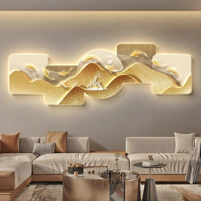 轻奢九鱼图客厅装饰画高级灯画沙发背景墙靠山壁画银杏叶发光挂画