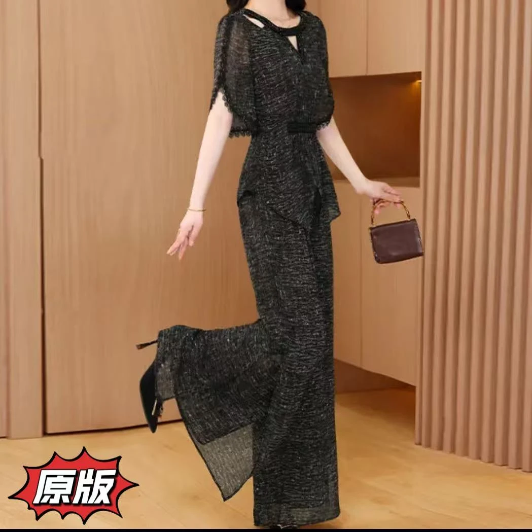 梦晚高档冰莱丝时尚女装两件套2025夏季新款显瘦遮肉洋气减龄套装