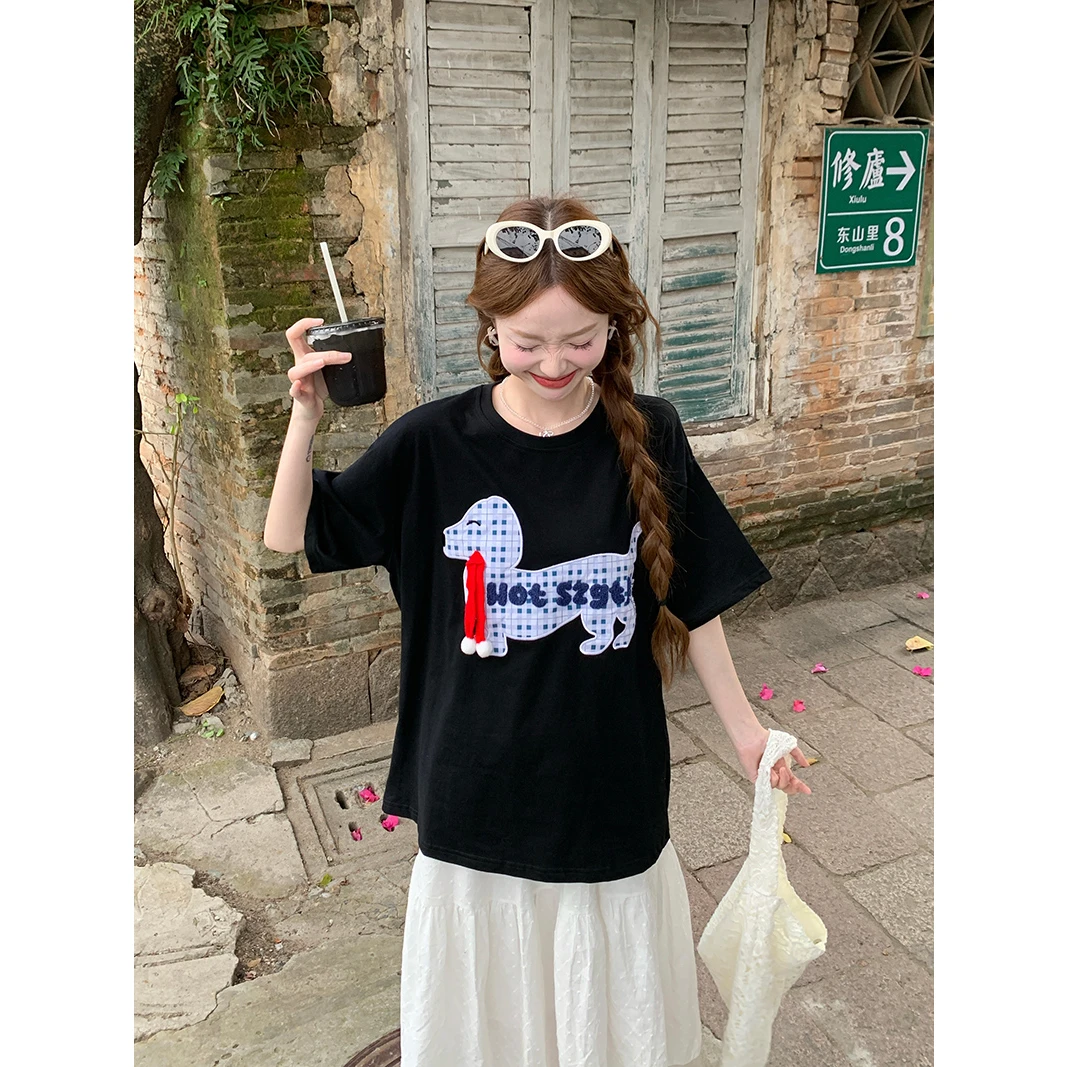 短袖t恤夏2025新款中长正肩刺绣花圆领上衣女装