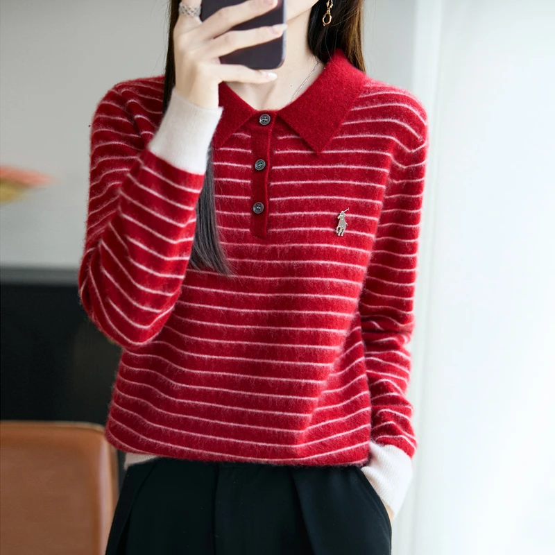【品牌订单款】秋冬款100%纯羊毛衫女POLO领条纹拼色针织毛衣上衣