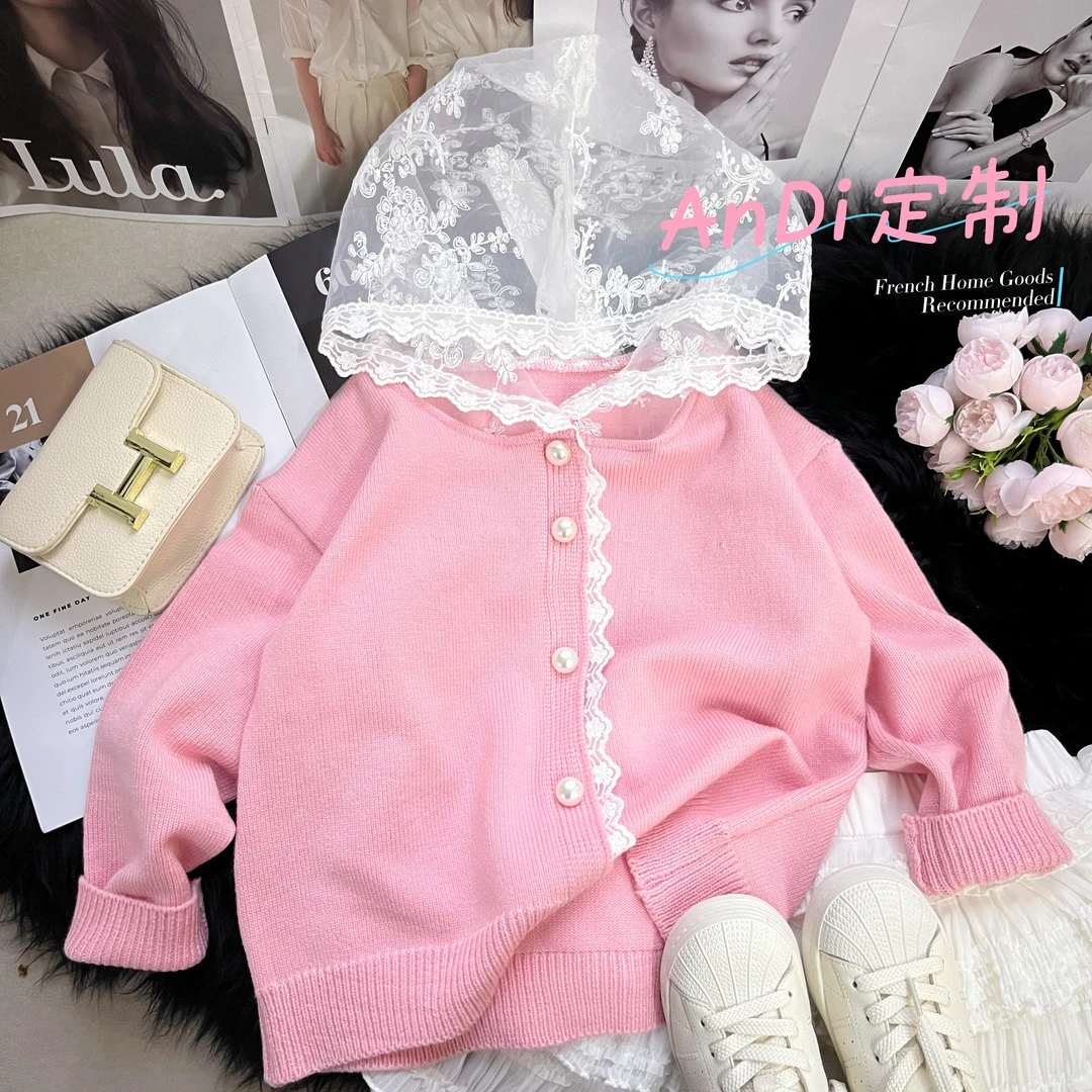 〖ANDI〗订制春季新款韩系女童蕾丝连帽拼接针织开衫3541