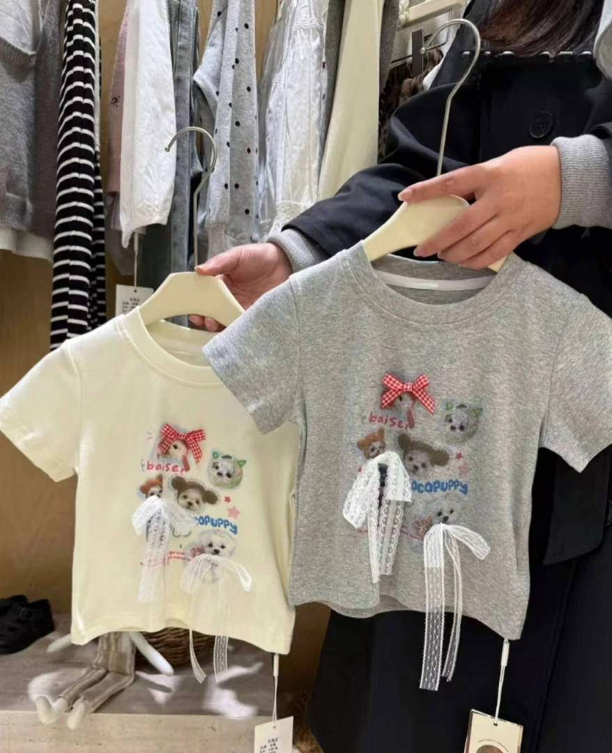 韩版夏季女童蝴蝶结纯棉短袖T恤圆领百搭夏款儿童印花女宝洋气