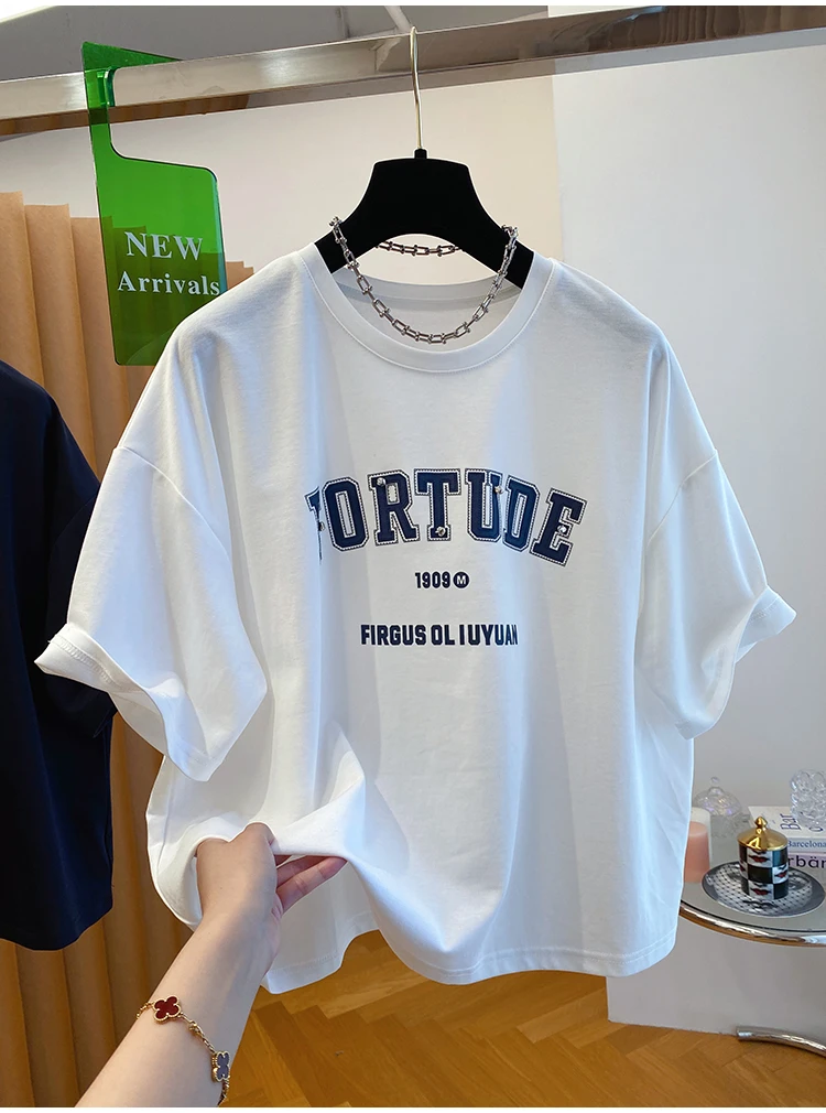 大码女装胖妹妹240斤钉珠字母印花t恤女短袖2025新款简约休闲上衣