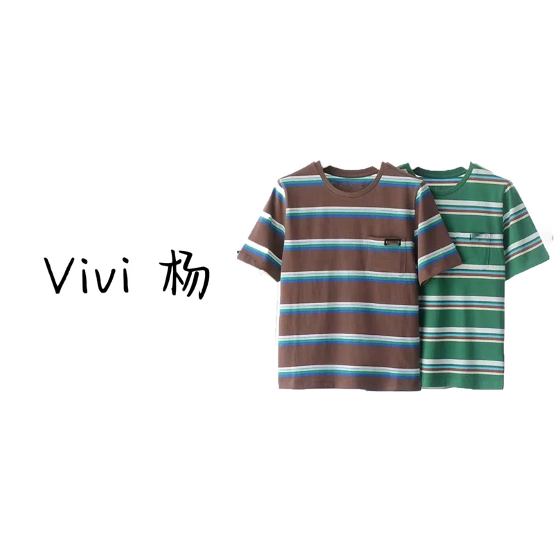 M系风条纹撞色圆领短袖T恤上衣女