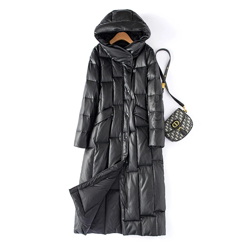 海宁真皮白鸭绒衣女长款皮风衣大衣KFLD-9913