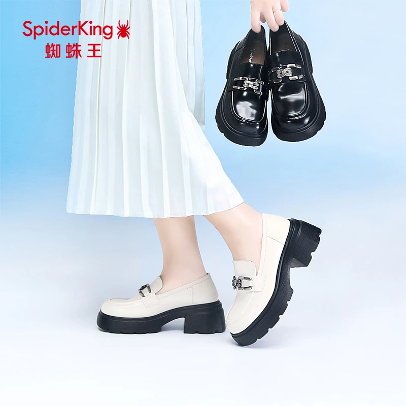 蜘蛛王春季新款粗跟厚底浅口单鞋小皮鞋纯色时尚休闲百搭乐福鞋