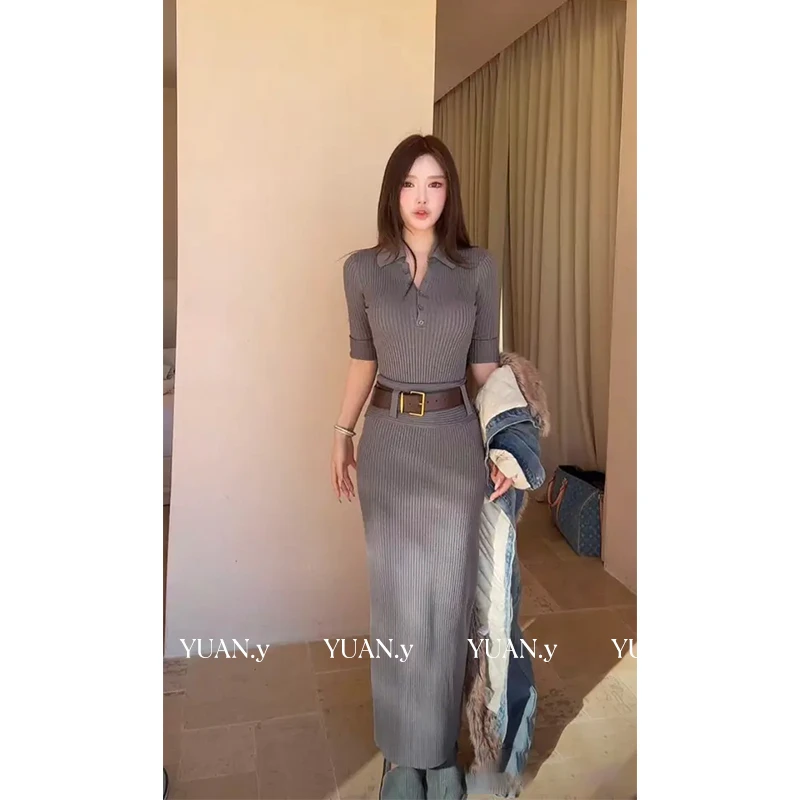 媛媛【肯豆统治区】polo连档灰色针织螺纹套装女(上衣+裙子）#TZ0830