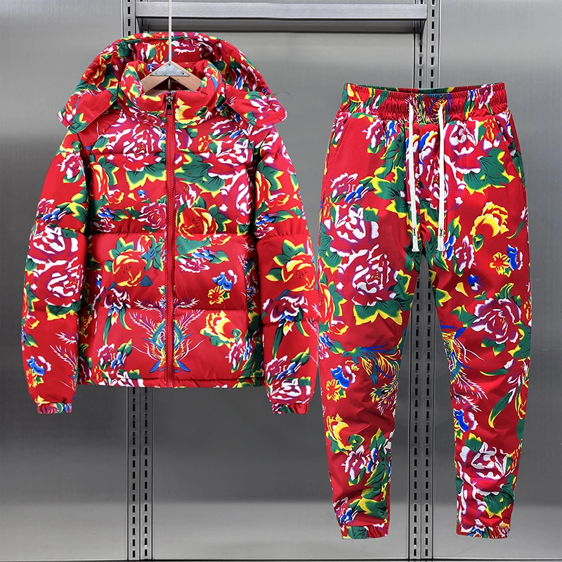 东北大花袄套装男女冬季情侣棉衣裤外套复古牡丹花网红大码棉服