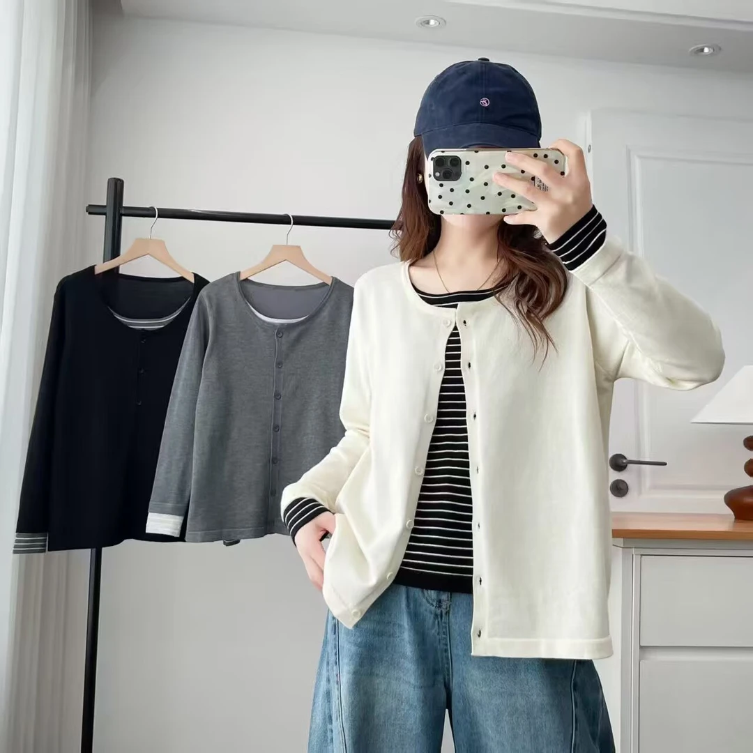 大码女装条纹拼接假两件圆领针织衫早秋穿搭显瘦长袖开衫上衣潮