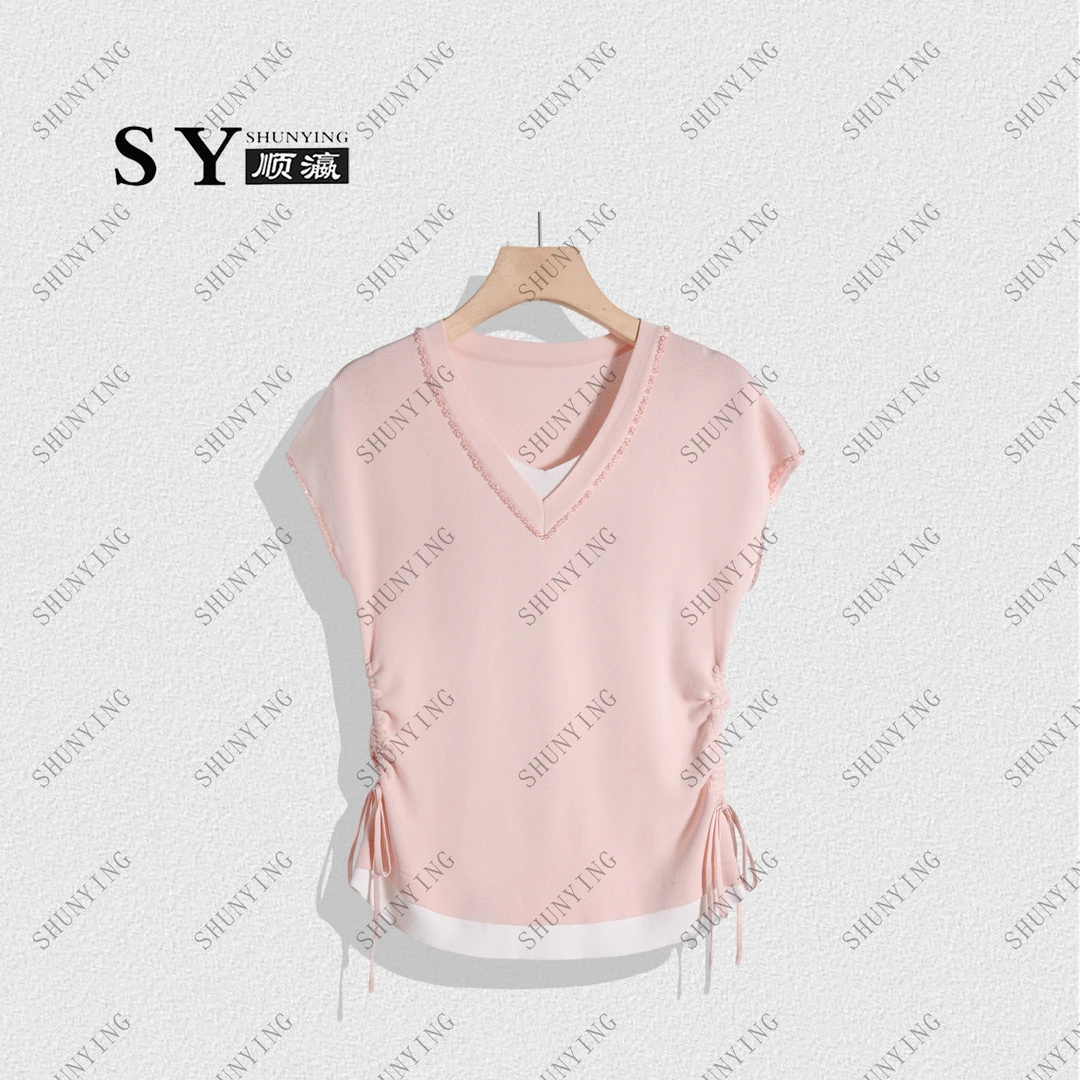 【顺瀛】新款重工镶钻时尚显瘦V领抽绳设计针织T恤SY62ZZ228170