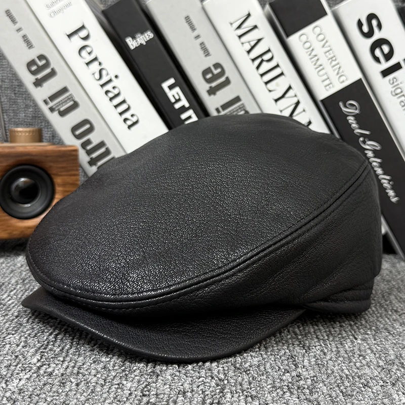 真皮鸭舌韩版潮牛皮中青年男士春秋季磨砂牛皮贝雷帽休闲欧美皮帽