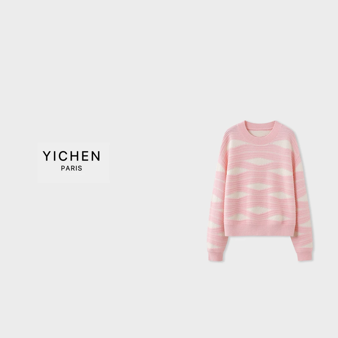 YC 嫩粉色波浪提花落肩袖慵懒风圆领针织毛衣-2502