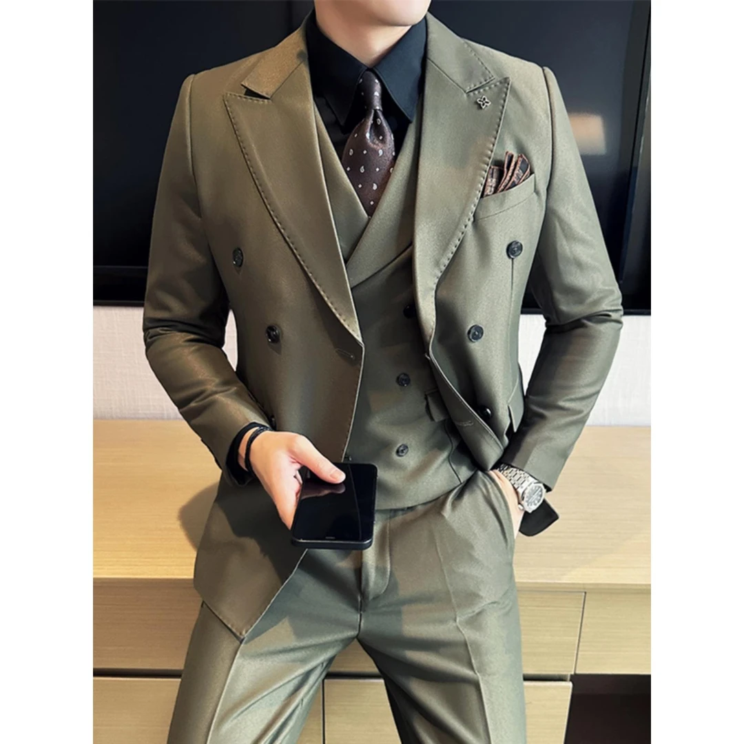 春秋双开衩戗驳领西服男英伦风垂感双排扣外套商务通勤礼服潮男款