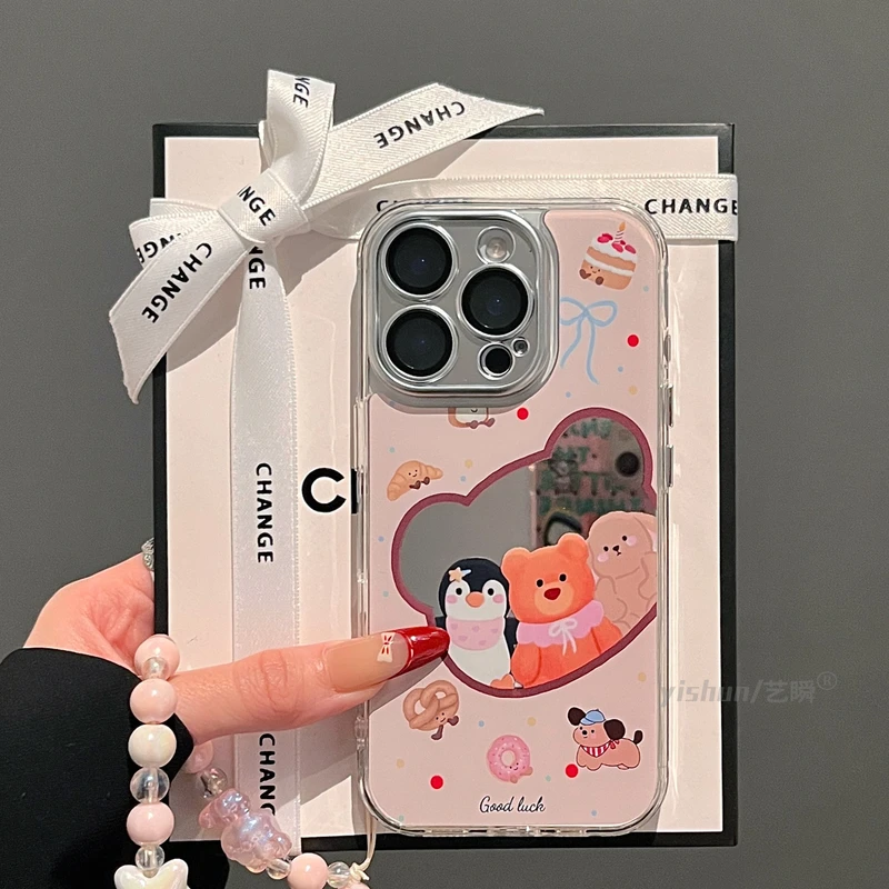 原创可爱小动物镂空小熊镜面适用苹果16ProMax手机壳补妆镜新款15