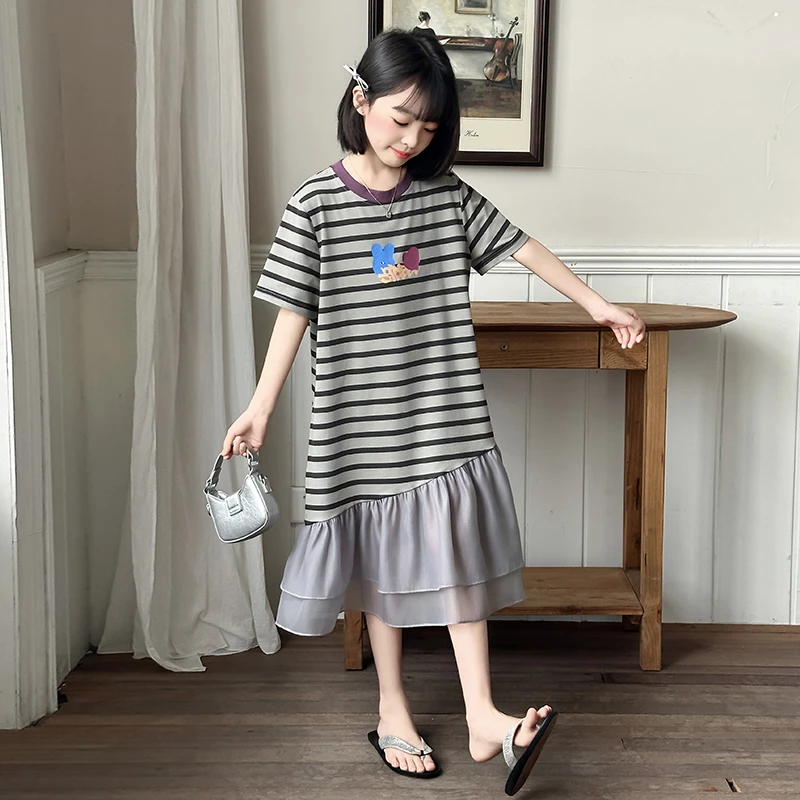 女童连衣裙夏季2025新款儿童洋气薄款拼接短袖夏装中大童条纹裙子