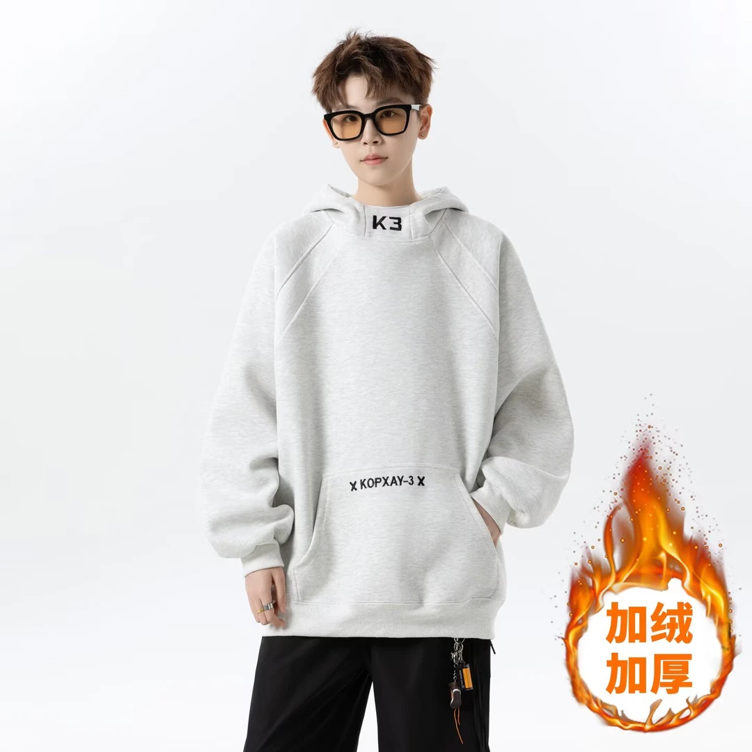 稻草人男士卫衣帽衫上衣休闲潮流秋冬季字母印花加绒加厚宽松连帽