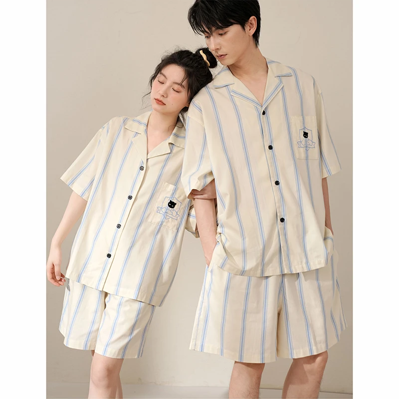 侨楚夏季情侣睡衣女凉感纯棉条纹短袖短裤宽松薄款男士家居服