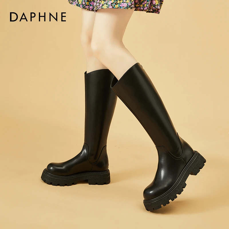 Daphne/达芙妮厚底直筒靴女2025年新款加绒不过膝长靴百搭骑士靴