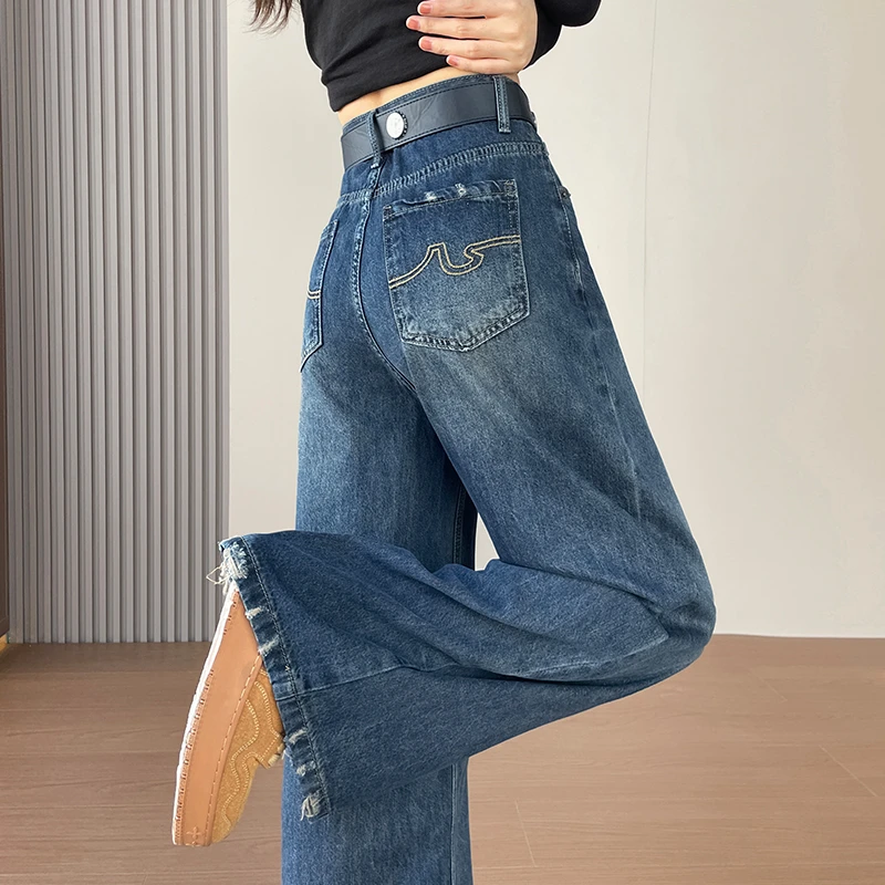 超火磨破直筒阔腿牛仔裤女2025秋季宽松梨形身材后袋刺绣拖地长裤